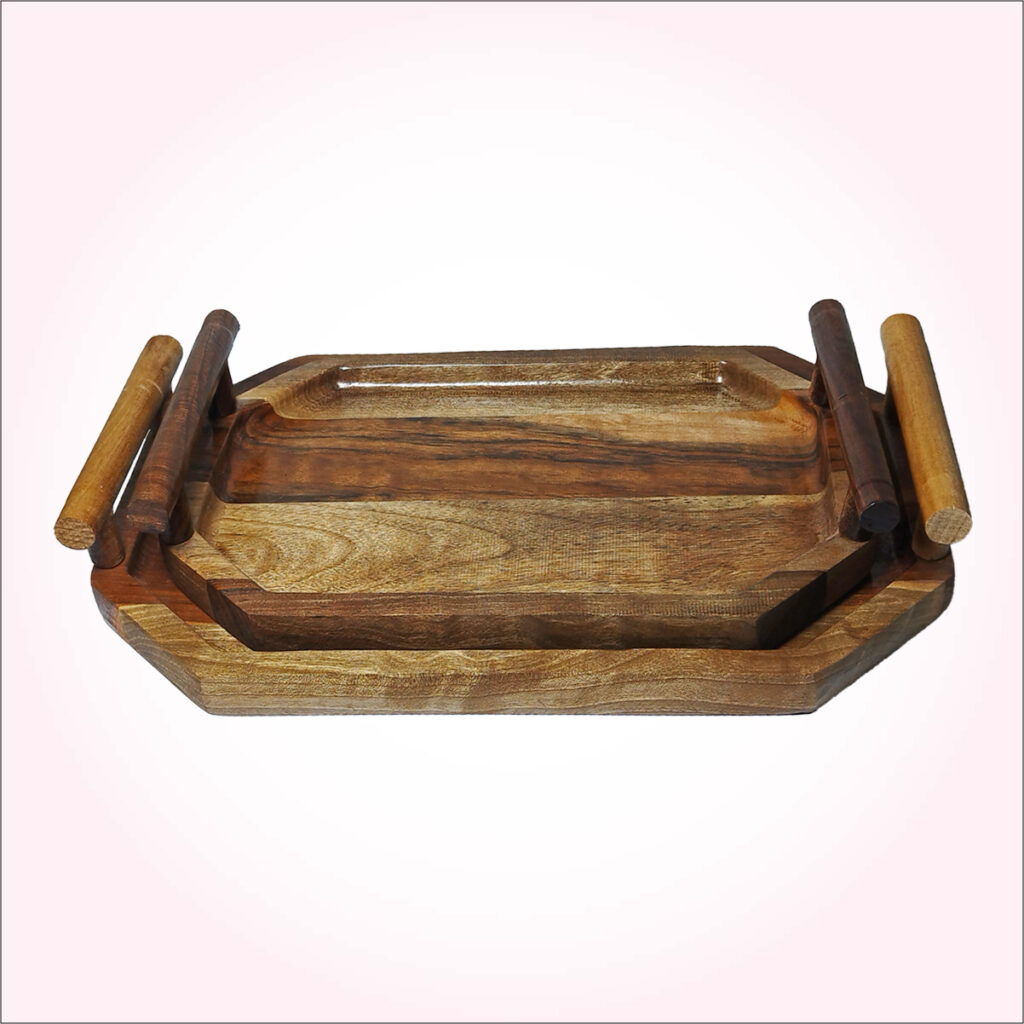 ست سینی مستطیلی چوب گردو ۲ عددی دست ساز و لوکس مناسب سرو پذیرایی چای صبحانه و جهیزیه عروس